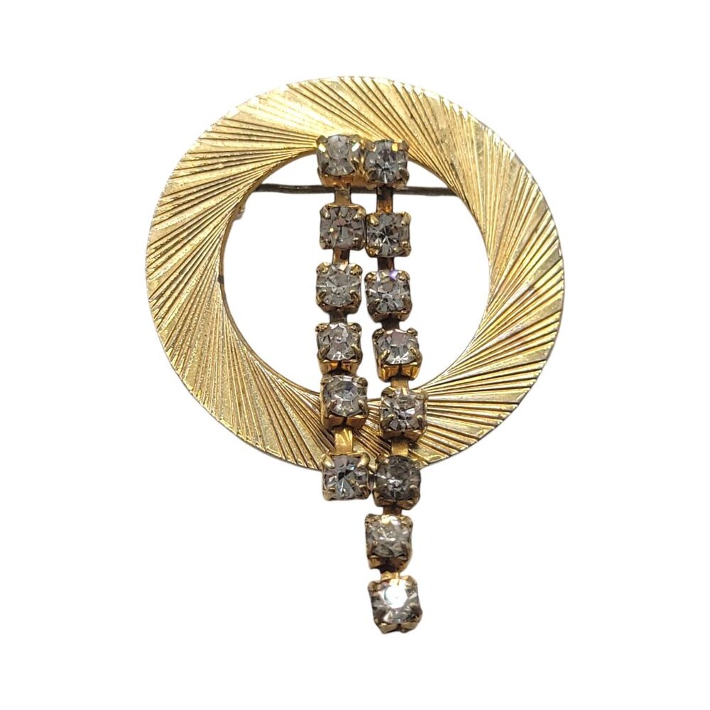 Vintage Gold Tone Circular Brooch With Rhinestone Dangling Accents